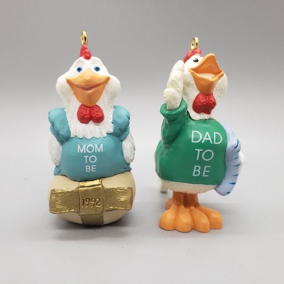 Set 2 Hallmark Ornaments Mom / Dad To Be Chicken Rooster 1992 Baby Shower Parent - Picture 8 of 8